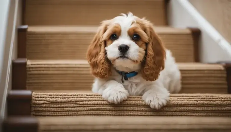 A small dog is sitting on a set of stairs, showing no signs of distress or harm.